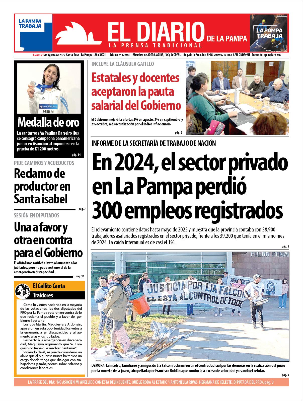 Tapa de El Diario en papel  jueves 21 de agosto de 2025